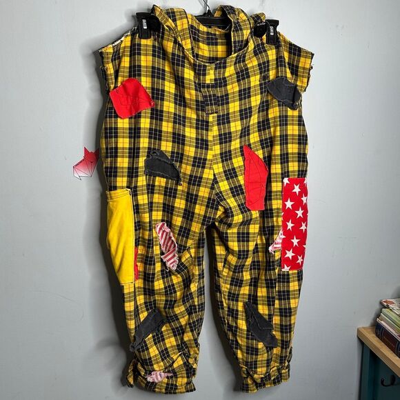 Vintage Pricilla Mooseburger Patchwork Plaid Clown Overalls Yellow Black Red - Picture 2 of 6
